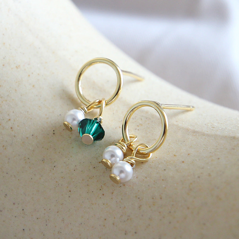 Asymmetry Shell Pearls Green CZ 925 Sterling Gold Stud Earrings