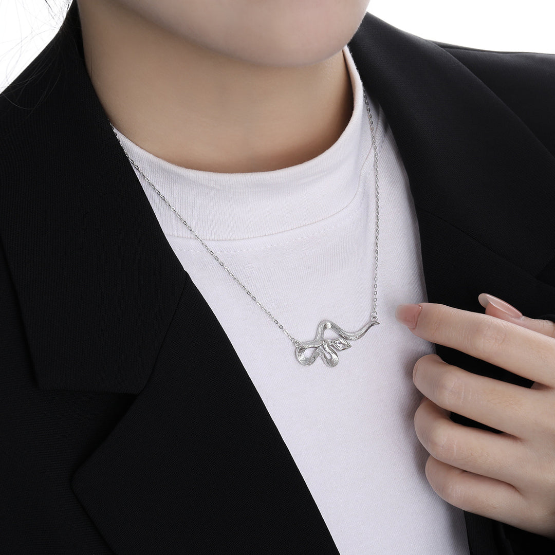 Modern Rhombus CZ Curved Snake 925 Sterling Silver Necklace