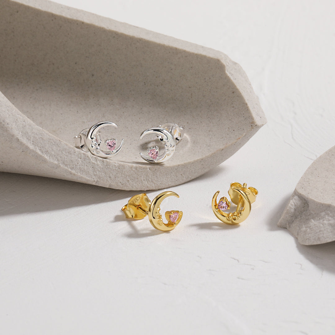 Fashion Pink Heart CZ Portrait Crescent Moon 925 Sterling Silver Stud Earrings