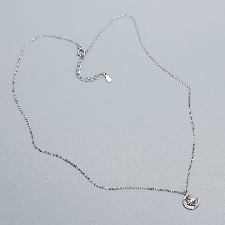 Sweet CZ Star Crescent Moon 925 Sterling Silver Necklace