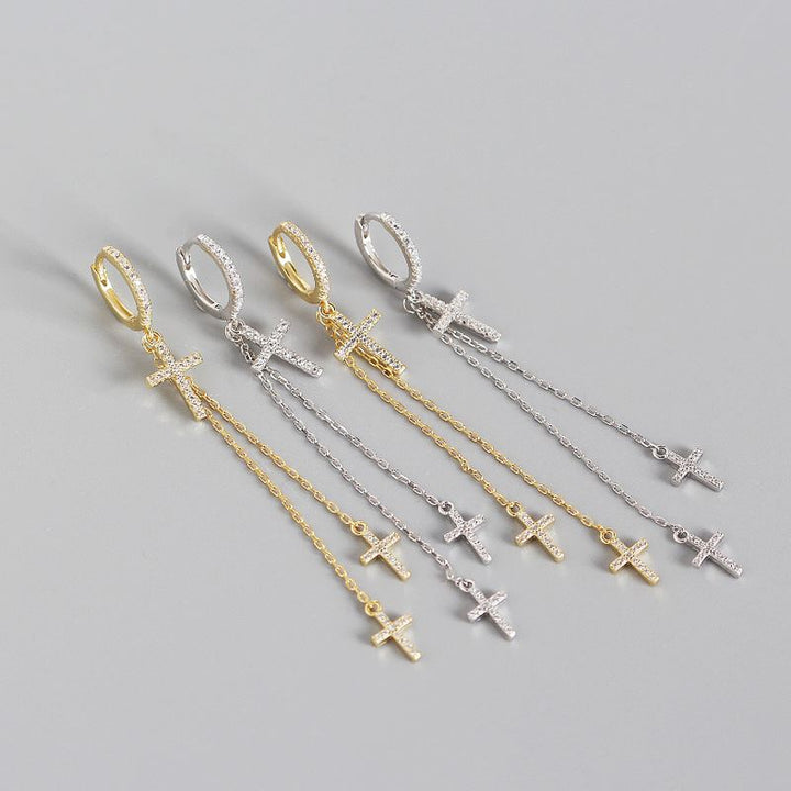 Elegant CZ Cross Tassels 925 Sterling Silver Hoop Earrings