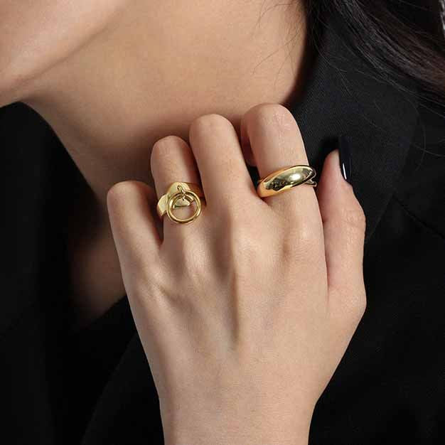 Thick Band Dome Ring 925 Silver - Chunky Minimalist Adjustable Ring for Women