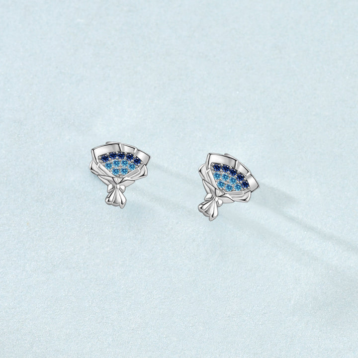 Women Blue CZ Rose Flower Bouquet 925 Sterling Silver Stud Earrings