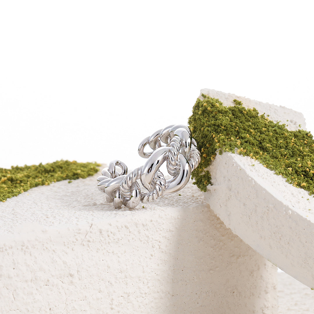 Fashion Hollow Twsited Curb Chain 925 Sterling Silver Adjustable Ring