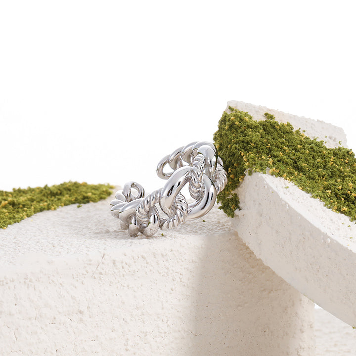 Fashion Hollow Twsited Curb Chain 925 Sterling Silver Adjustable Ring