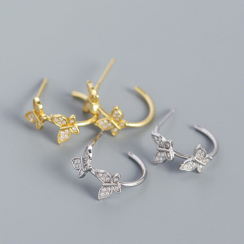 Girl Two Flying CZ Butterflies 925 Sterling Silver Stud Earrings