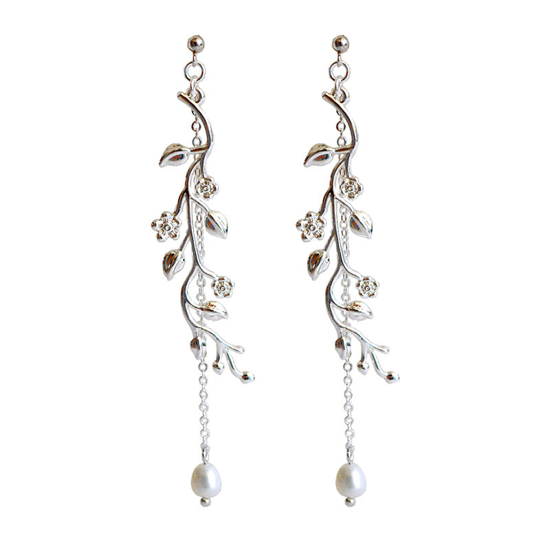 925 Sterling Silver Long Tassel Earrings - Leaf Vine Drop Earrings with Pearl.