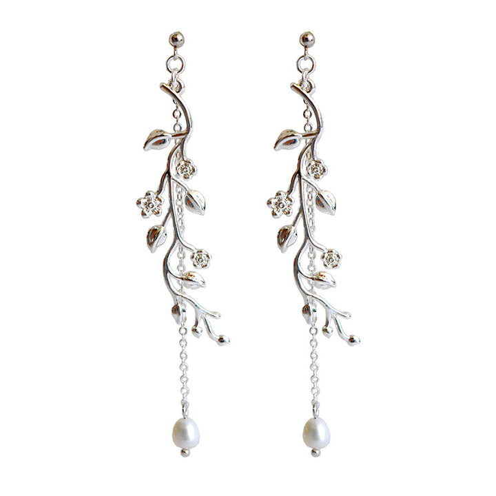 925 Sterling Silver Long Tassel Earrings - Leaf Vine Drop Earrings with Pearl.