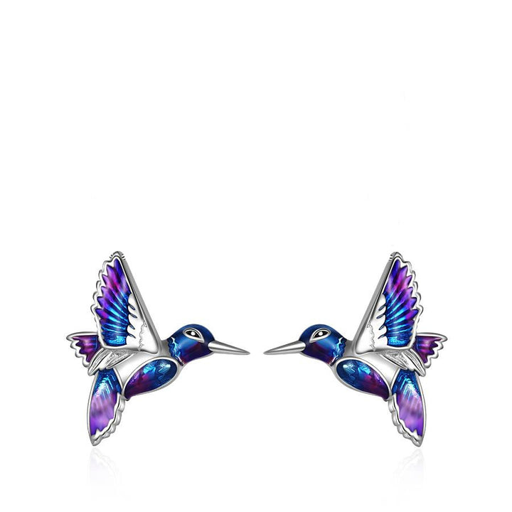 925 Sterling Silver Hummingbird Earrings - Blue Enamel Bird Stud Earrings.