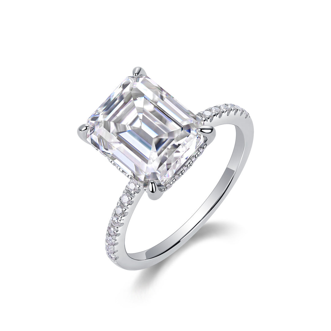 925 Sterling Silver Moissanite Engagement Ring - Emerald Cut Solitaire Ring.