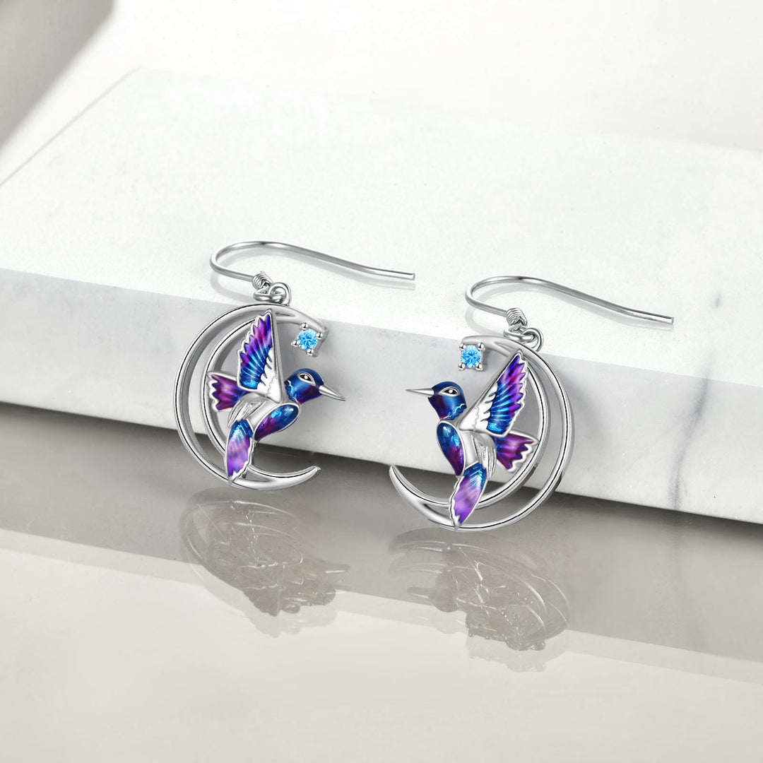 925 Sterling Silver Hummingbird Earrings - Blue Enamel Bird Stud Earrings.
