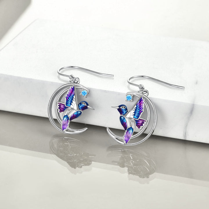 925 Sterling Silver Hummingbird Earrings - Blue Enamel Bird Stud Earrings.