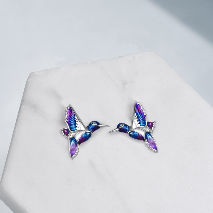 925 Sterling Silver Hummingbird Earrings - Blue Enamel Bird Stud Earrings.