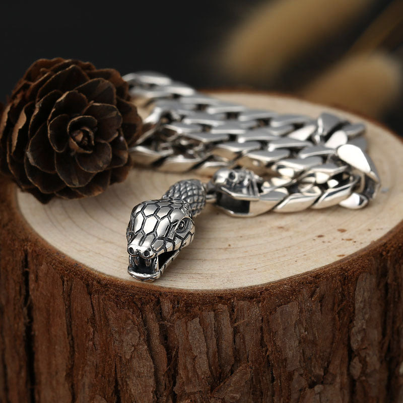 925 Sterling Silver Snake Head Bracelet - Thai Silver Chain Bracelet for Men.