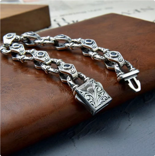 925 Sterling Silver Men's Bracelet - Embossed Pattern Chain Bracelet.