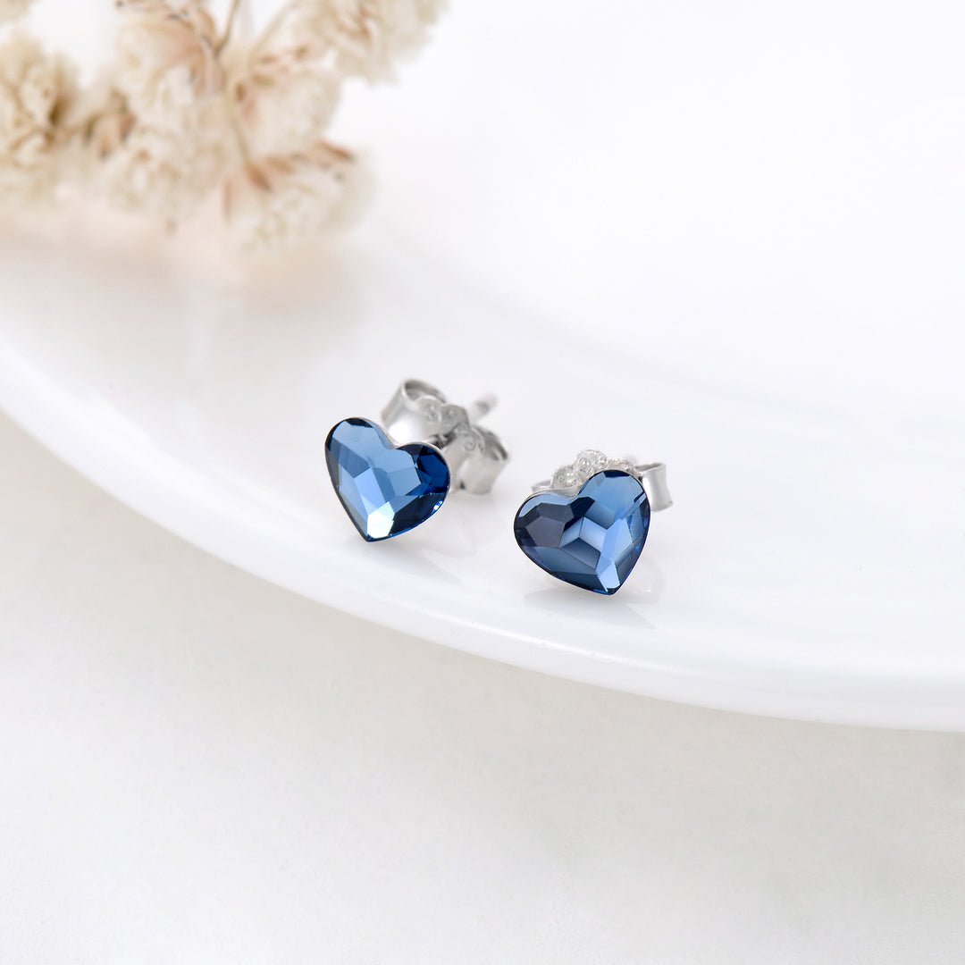 Blue Heart Crystal Stud Earrings 925 Silver Sensitive Ears