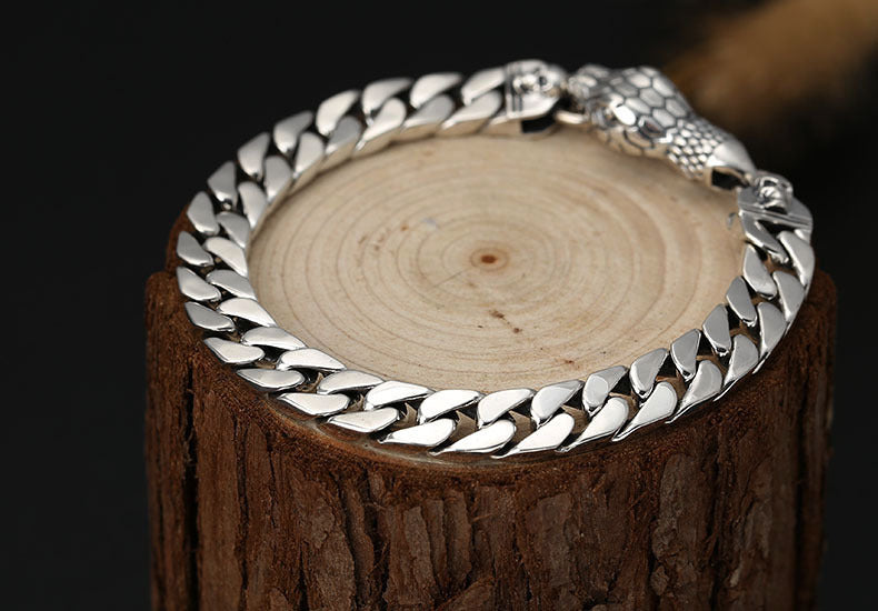 925 Sterling Silver Snake Head Bracelet - Thai Silver Chain Bracelet for Men.