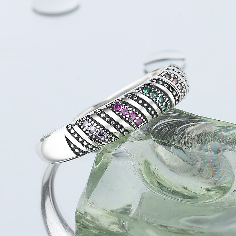 Colorful Crystal Band Ring 925 Sterling Silver Adjustable