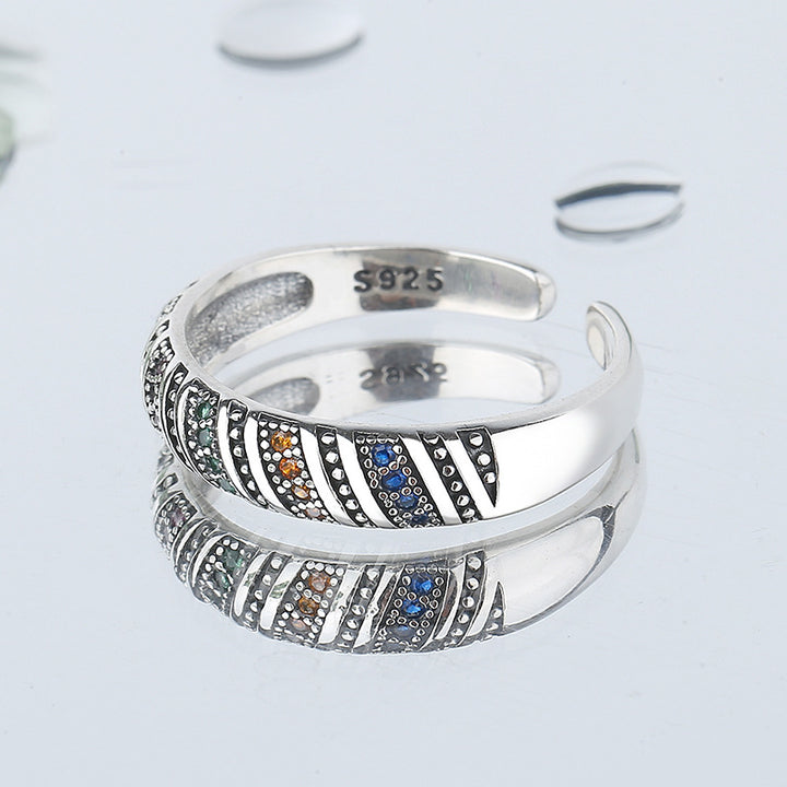 Colorful Crystal Band Ring 925 Sterling Silver Adjustable