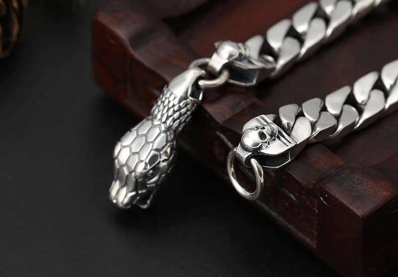 925 Sterling Silver Snake Head Bracelet - Thai Silver Chain Bracelet for Men.