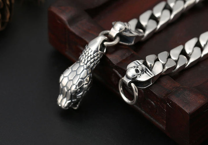 925 Sterling Silver Snake Head Bracelet - Thai Silver Chain Bracelet for Men.