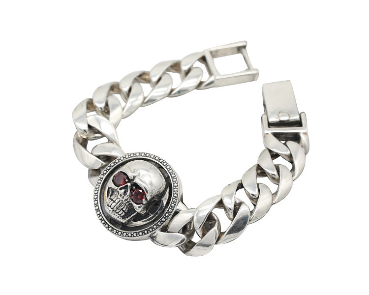 925 Sterling Silver Skull Bracelet - Gothic Chain Bracelet with Red Crystal Eyes.