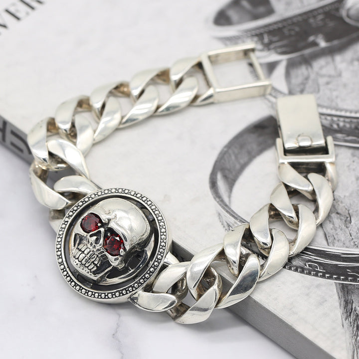 925 Sterling Silver Skull Bracelet - Gothic Chain Bracelet with Red Crystal Eyes.