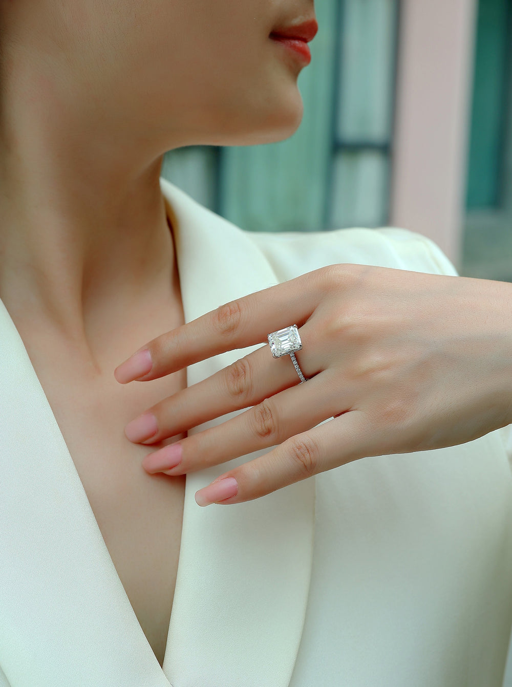 925 Sterling Silver Moissanite Engagement Ring - Emerald Cut Solitaire Ring.