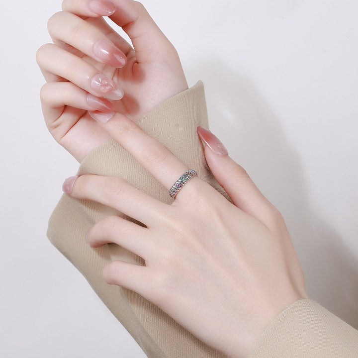 Colorful Crystal Band Ring 925 Sterling Silver Adjustable