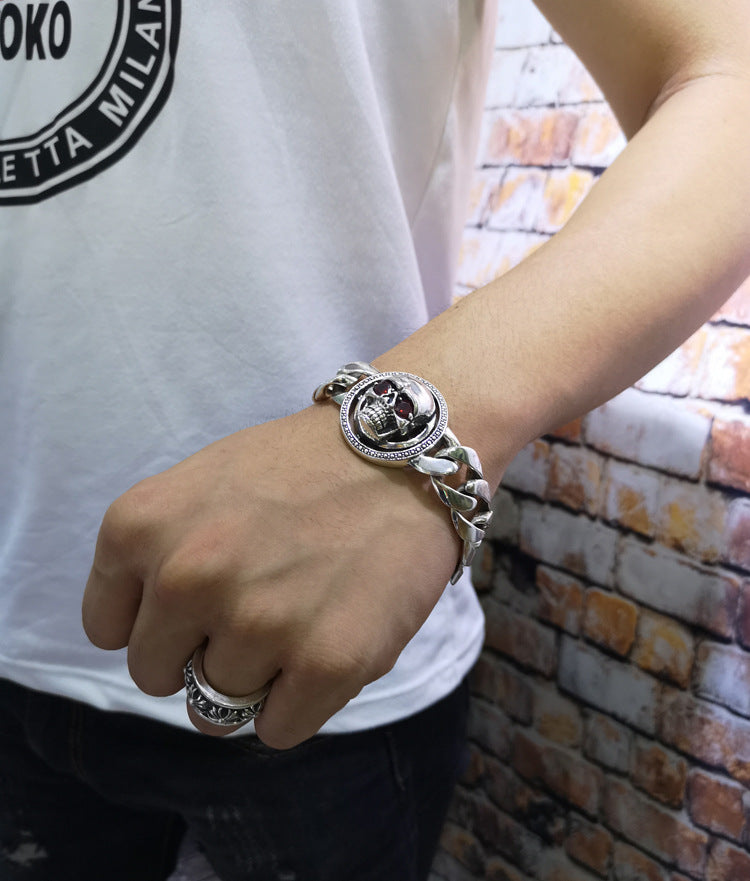 925 Sterling Silver Skull Bracelet - Gothic Chain Bracelet with Red Crystal Eyes.